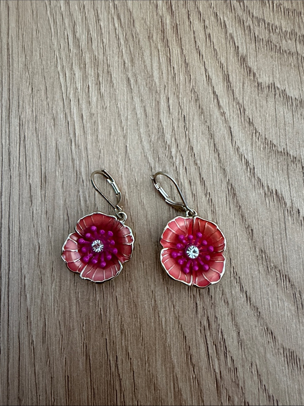 Napier Pink Orange Flower Drop Earrings with Crystal Center